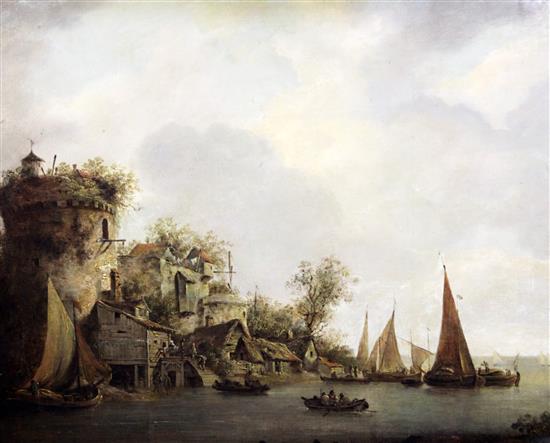 Follower of Jan Van Goyen (1596-1656) Estuary scene with shipping beside a tower 19 x 23.5in.